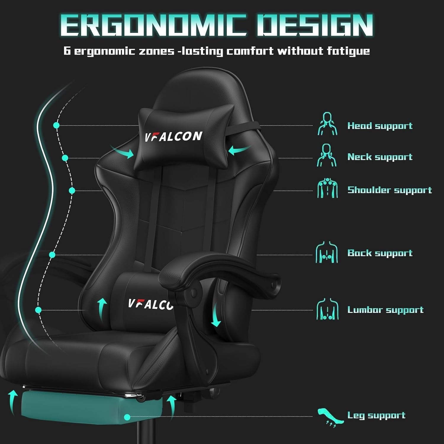 Ergonomic Gaming Chair Recliner with Footrest 360° Swivel Black