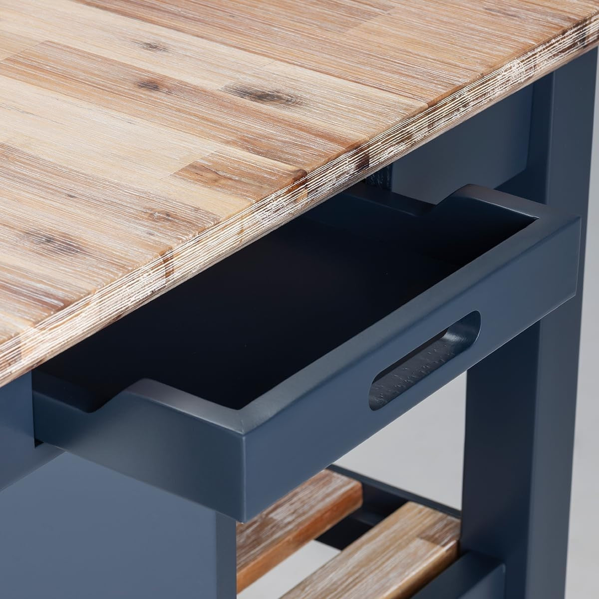 Breakfast Bar with Acacia Wood Top Storage Shelves Kitchen Island Navy Blue