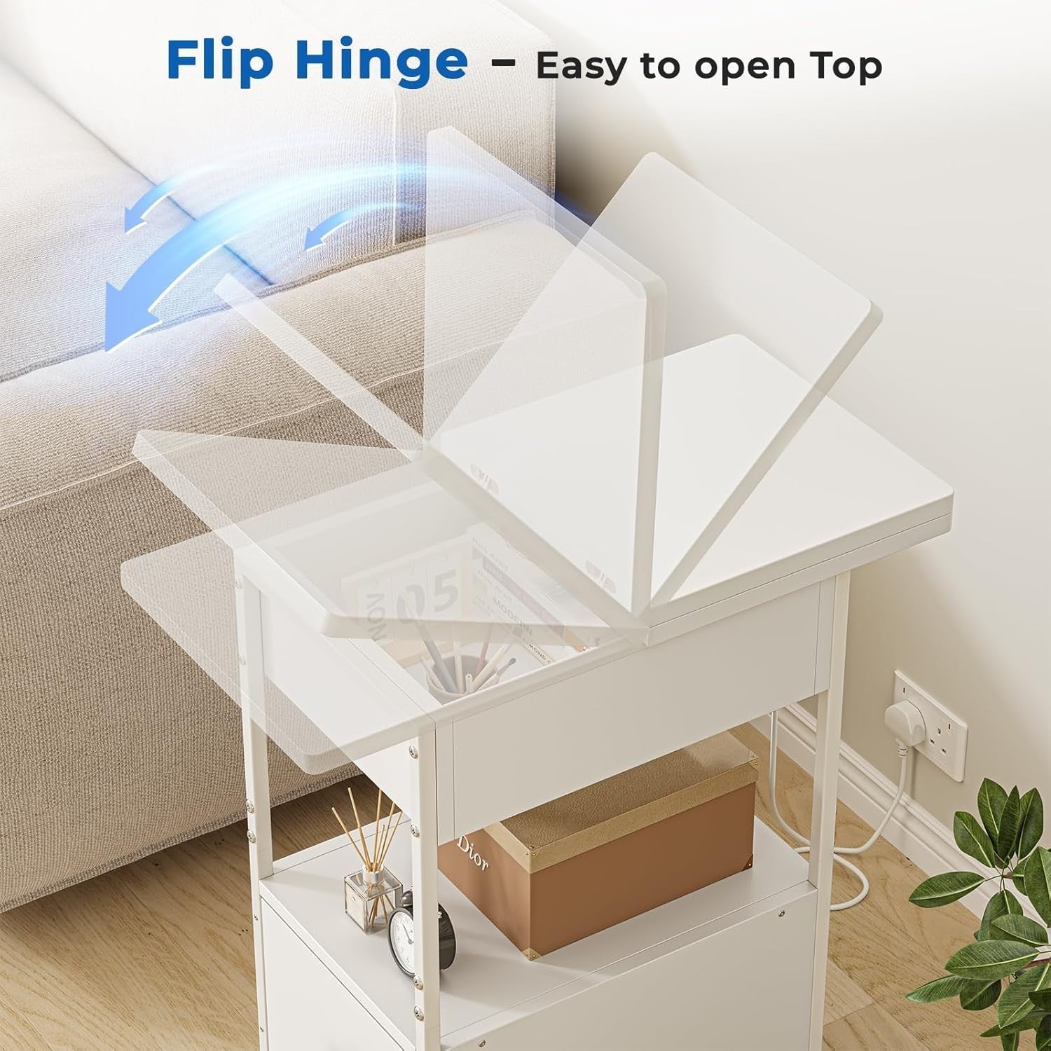Slim White Smart Bedside Table with LED Light, USB Charging & Drawer