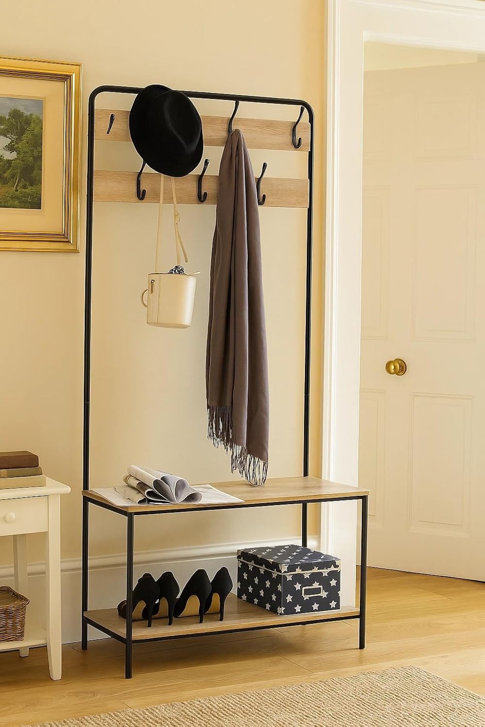 Coat Rack with Shoe Bench & 7 Hooks | Metal Hall Tree Stand for Entryway