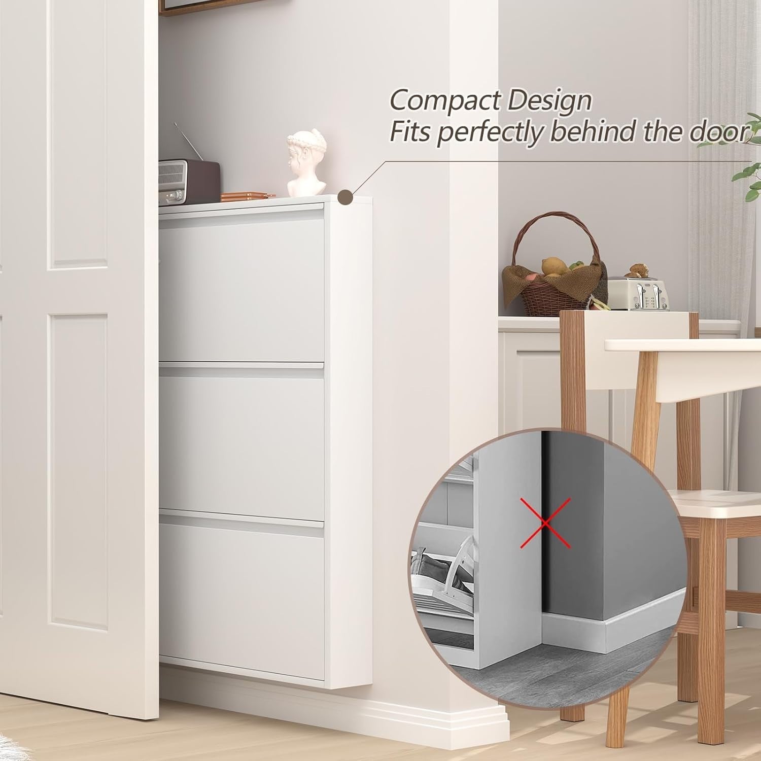 Wall Mounted Narrow Metal Shoe Cabinet 3 Flip Drawers Slim Storage