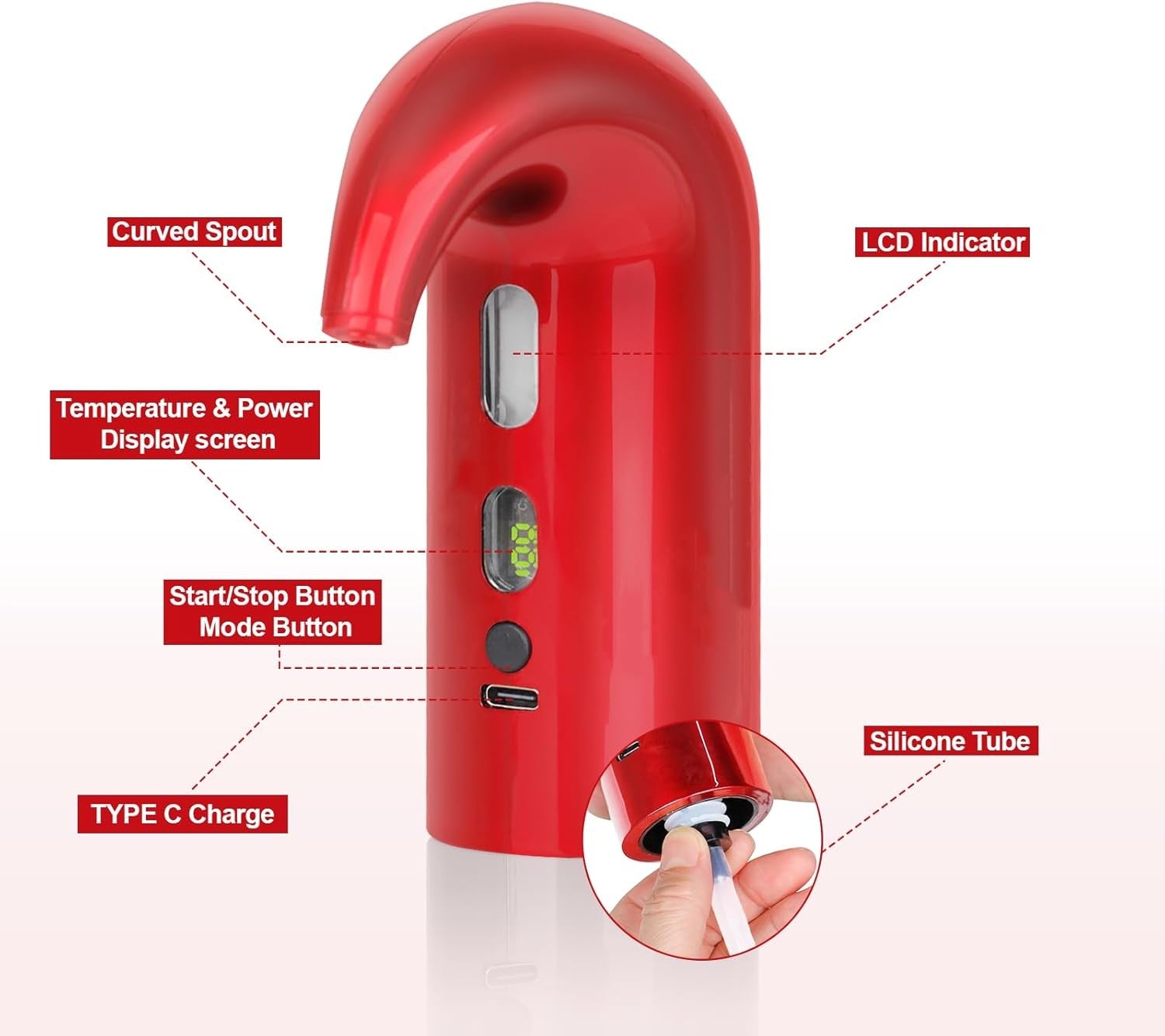Electric Wine Aerator Dispenser Red Auto Pourer USB-C Rechargeable 750ml