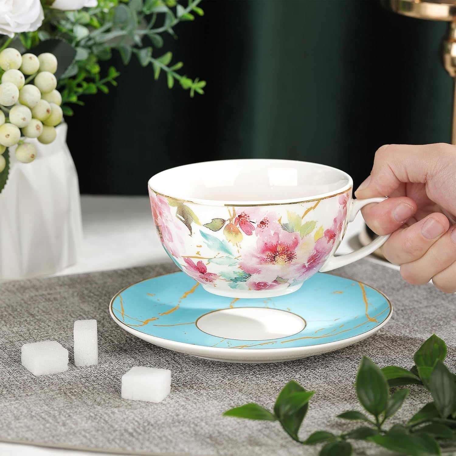 Floral Tea for One Set Porcelain Teapot Cup Saucer Gold Trim Gift