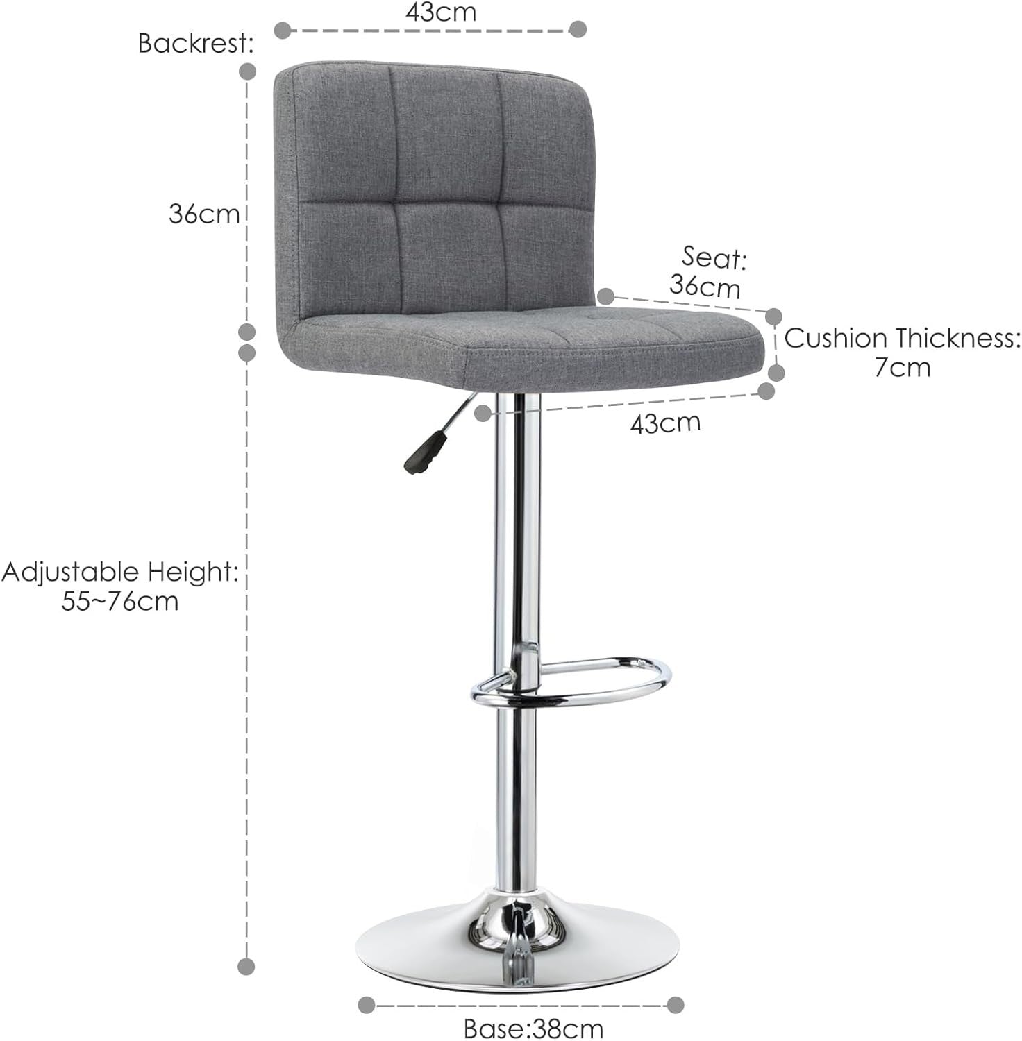 Adjustable Bar Stools Set of 2 Swivel Gas Lift Grey Chairs