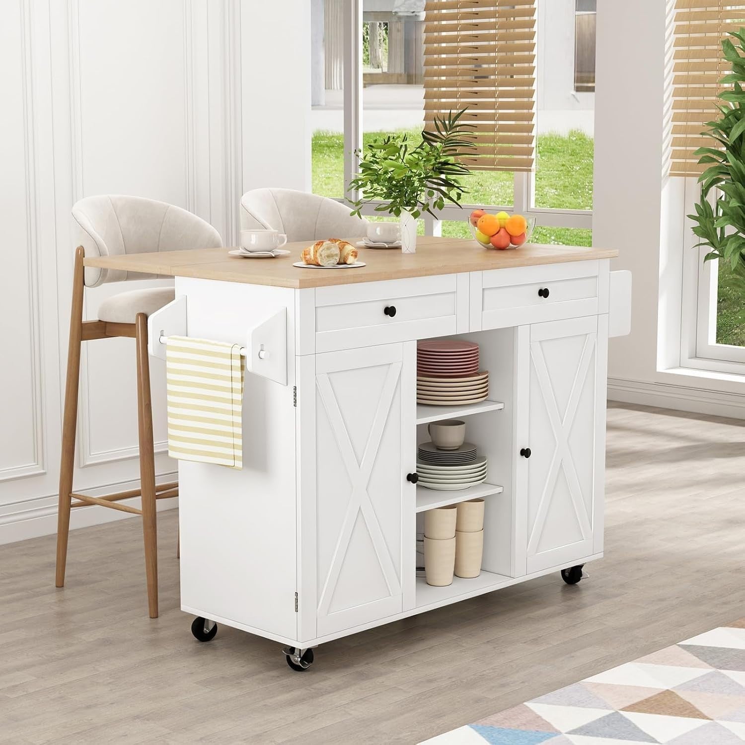 White Kitchen Island Trolley with Drop Leaf, Storage & Wheels – Rubberwood