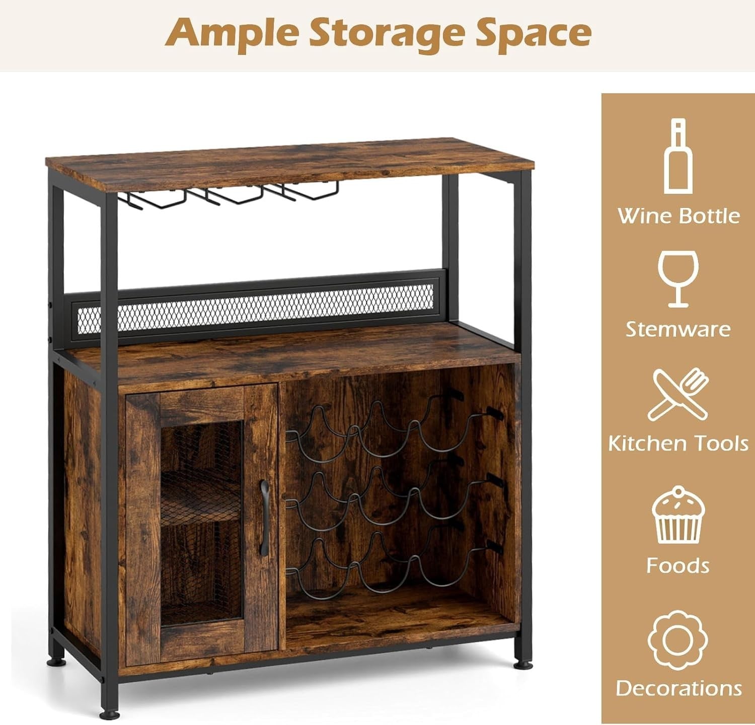 Rustic Industrial Wine Bar Cabinet with Wine Rack, Glass Holders & Storage