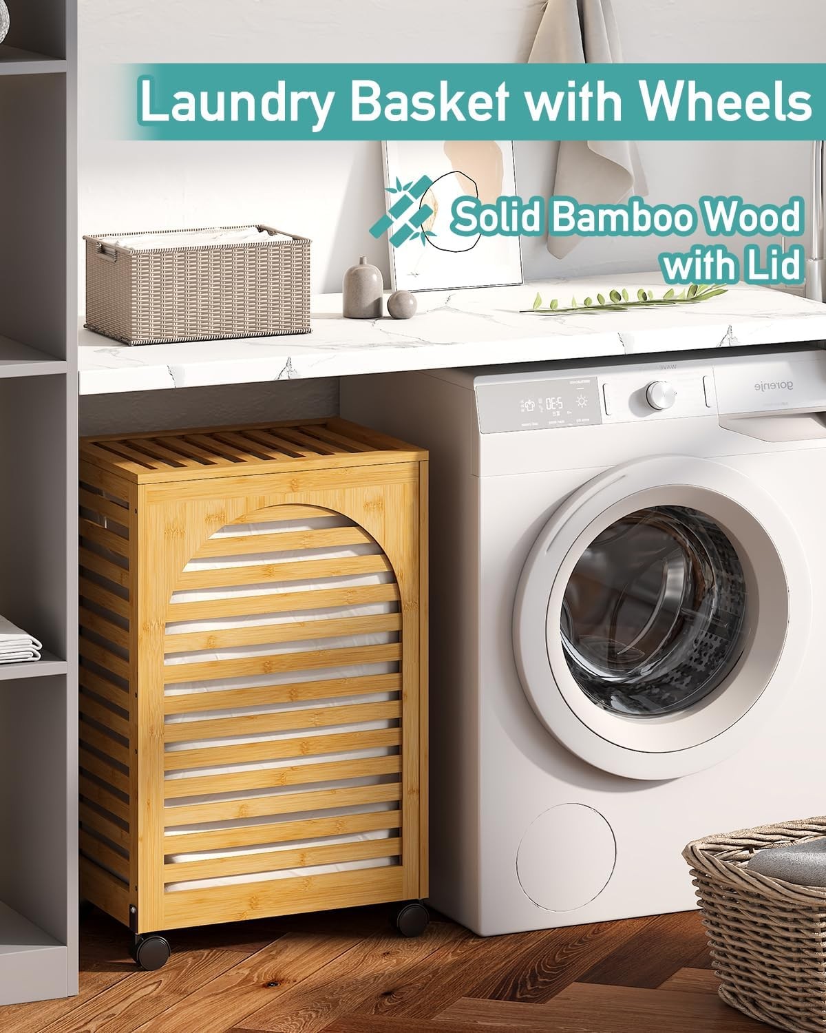 85L Natural Bamboo Laundry Hamper on Wheels 2 Section Basket with Lid & Liner