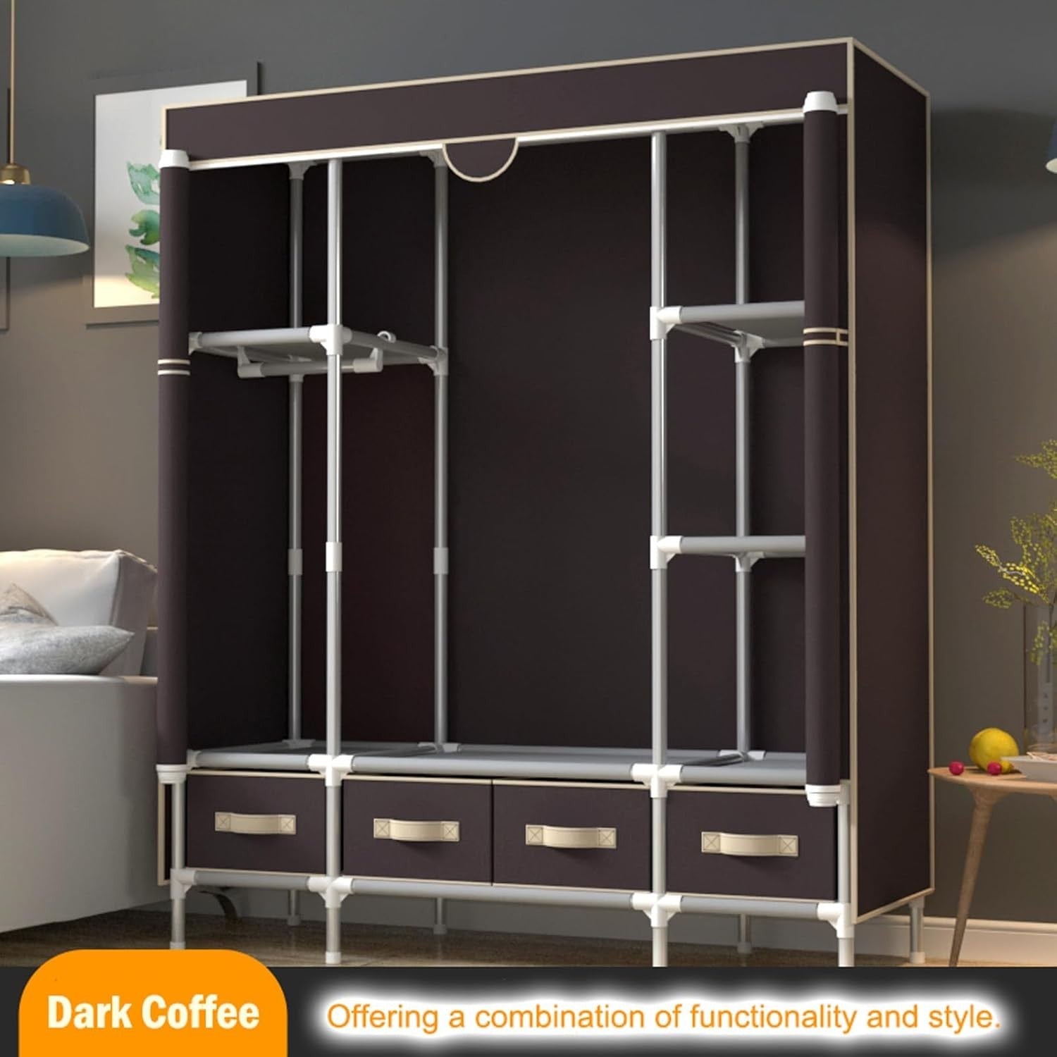 Large Canvas Wardrobe with Drawers Hanging Rail Shelves Dustproof 150cm
