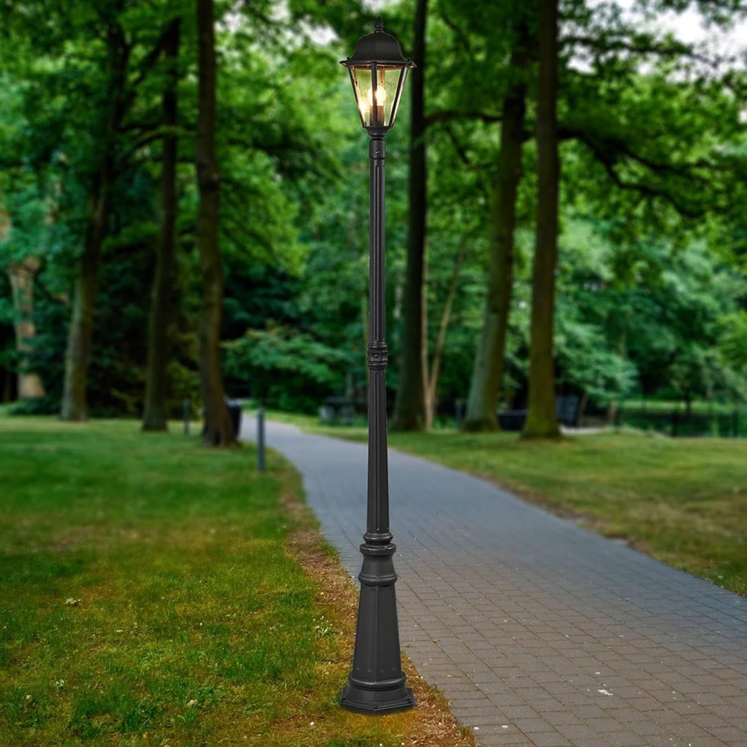 Antique Black Post Light, Lantern Design, E27 LED, Waterproof