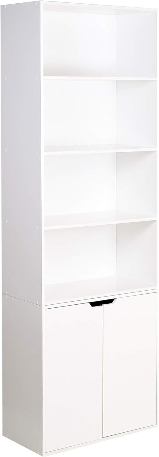 White 6 Tier Bookshelf with Cupboard Modern Storage Unit 59x29x180cm