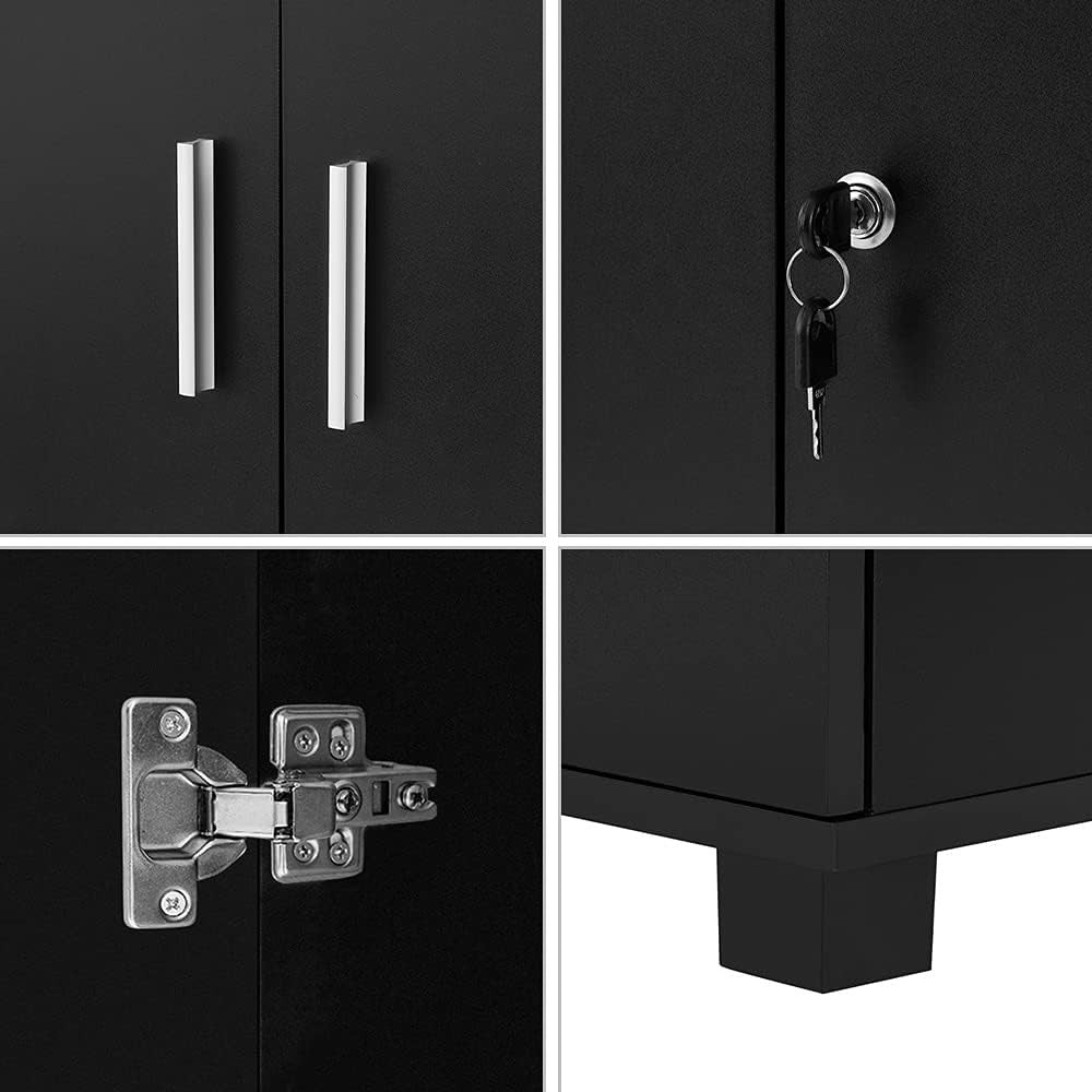 Black Lockable Tall Filing Cabinet Slim Office Storage with Shelves