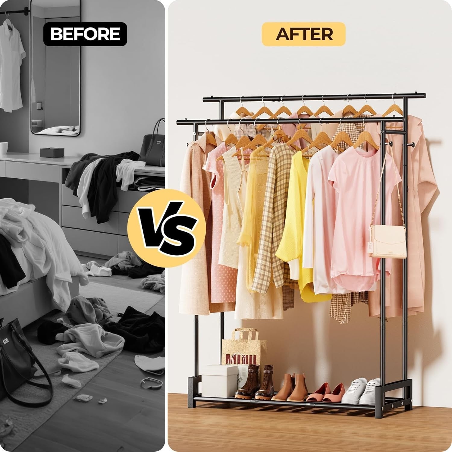 Double Clothes Rail with Shelf & Hooks – Black 150cm