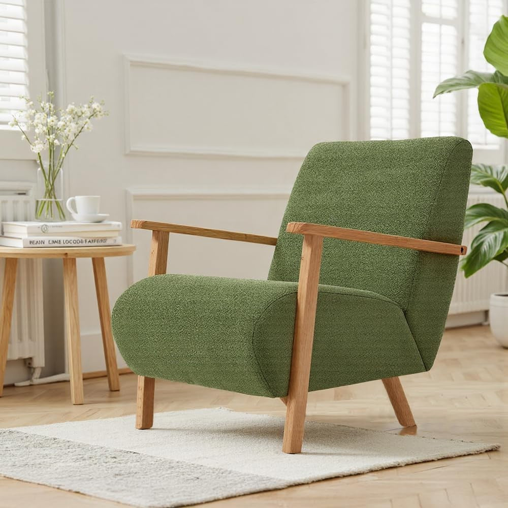 Green Chenille Accent Armchair Solid Wood Frame Lounge Chair