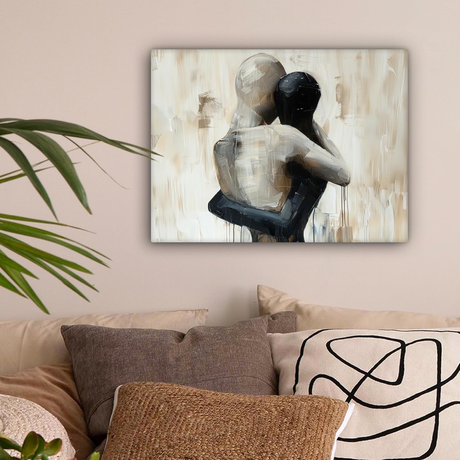 Abstract Couple Canvas Wall Art 40x30cm Framed Beige Print