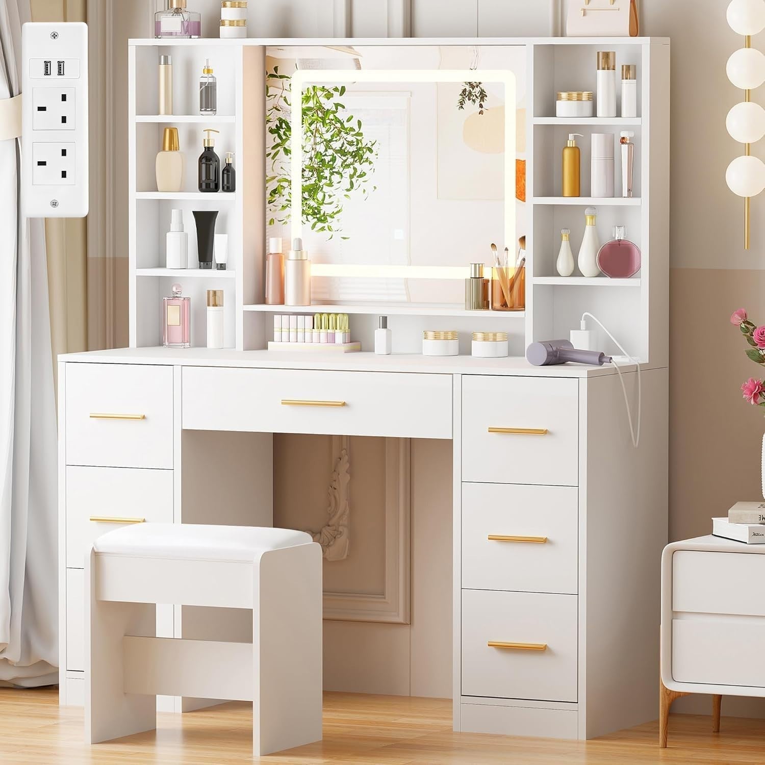 Modern White Vanity Table Set LED Mirror 6 Drawers Desk USB Charging Station