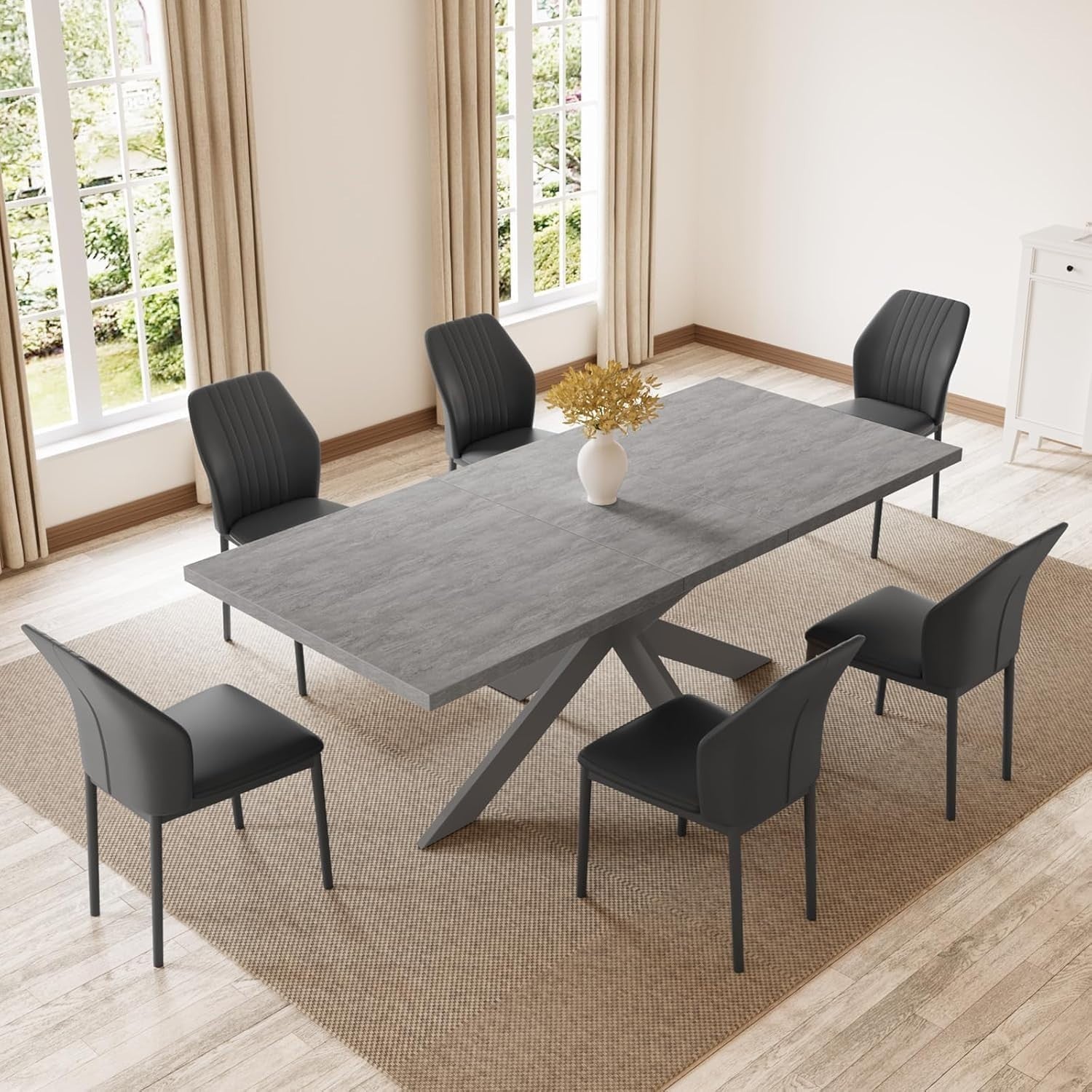 Extendable Dining Table Set 6 Black Chairs MDF Kitchen Living Room Furniture