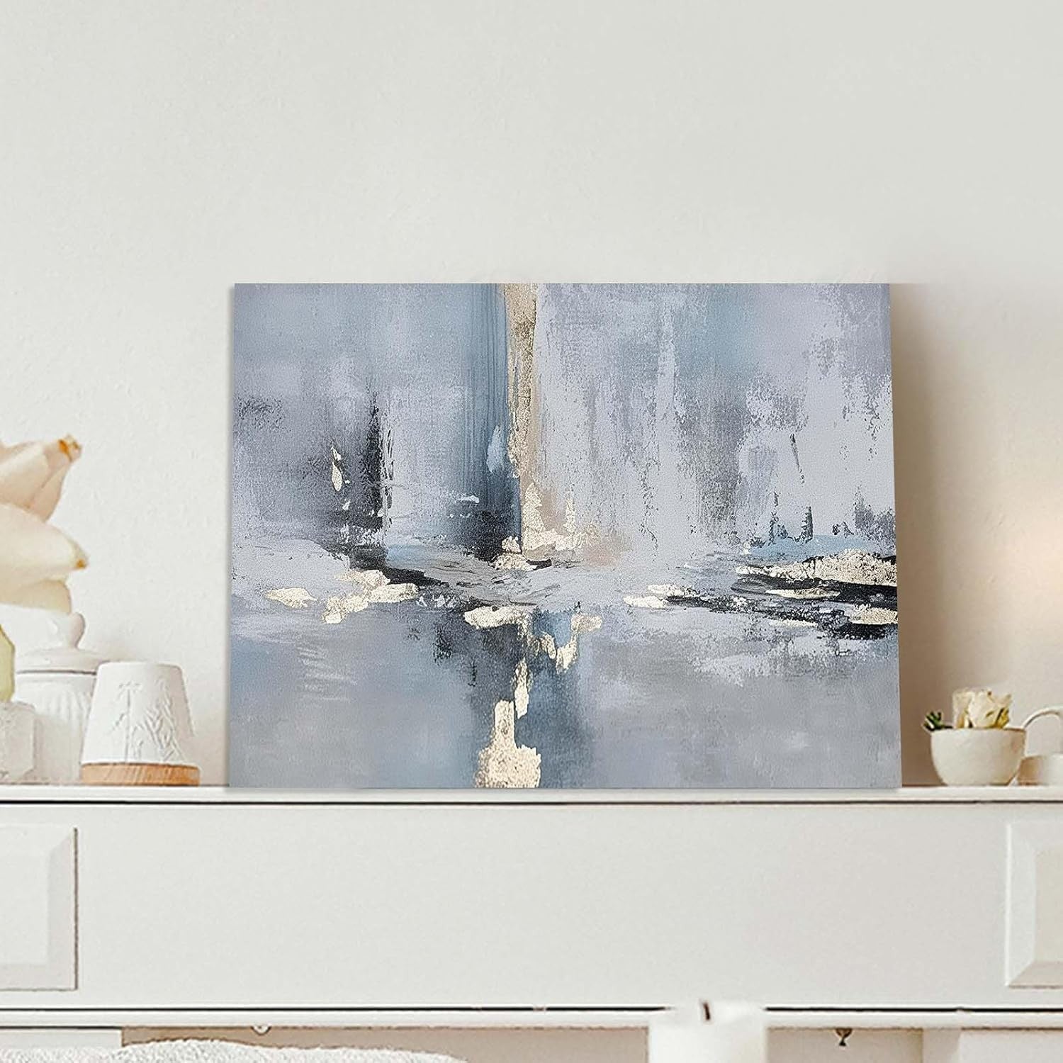 Grey Gold Abstract Canvas Wall Art 12x16 Framed Modern Picture