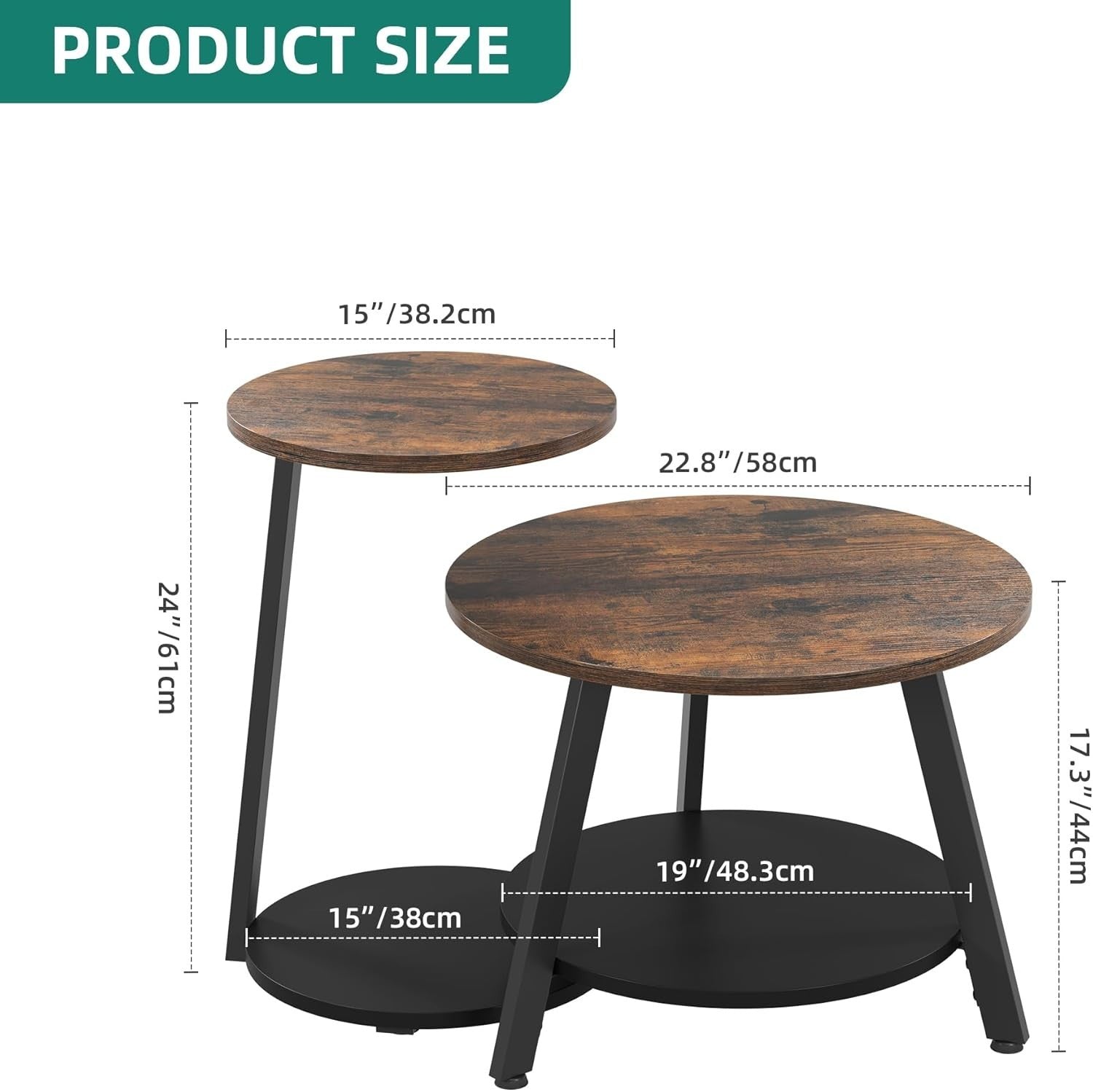 Nesting Coffee Table Set 2 Rustic Brown Round Side End Tables Storage