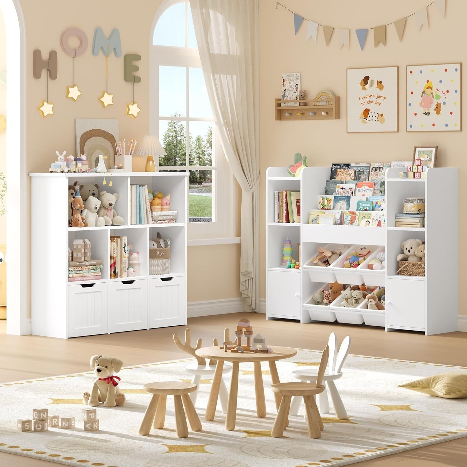 Large Kids Toy Storage Bookshelf with 6 Boxes 4 Tier Shelves for Playroom White