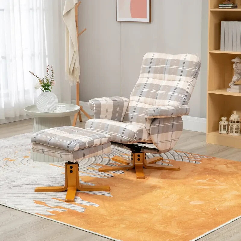 Linen Swivel Recliner Armchair with Footstool Storage & Wood Base