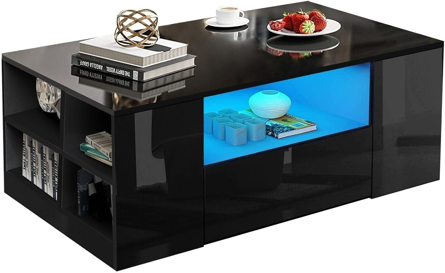 Black High Gloss Coffee Table with LED Lights, 2 Drawers & Storage 95x55x37cm