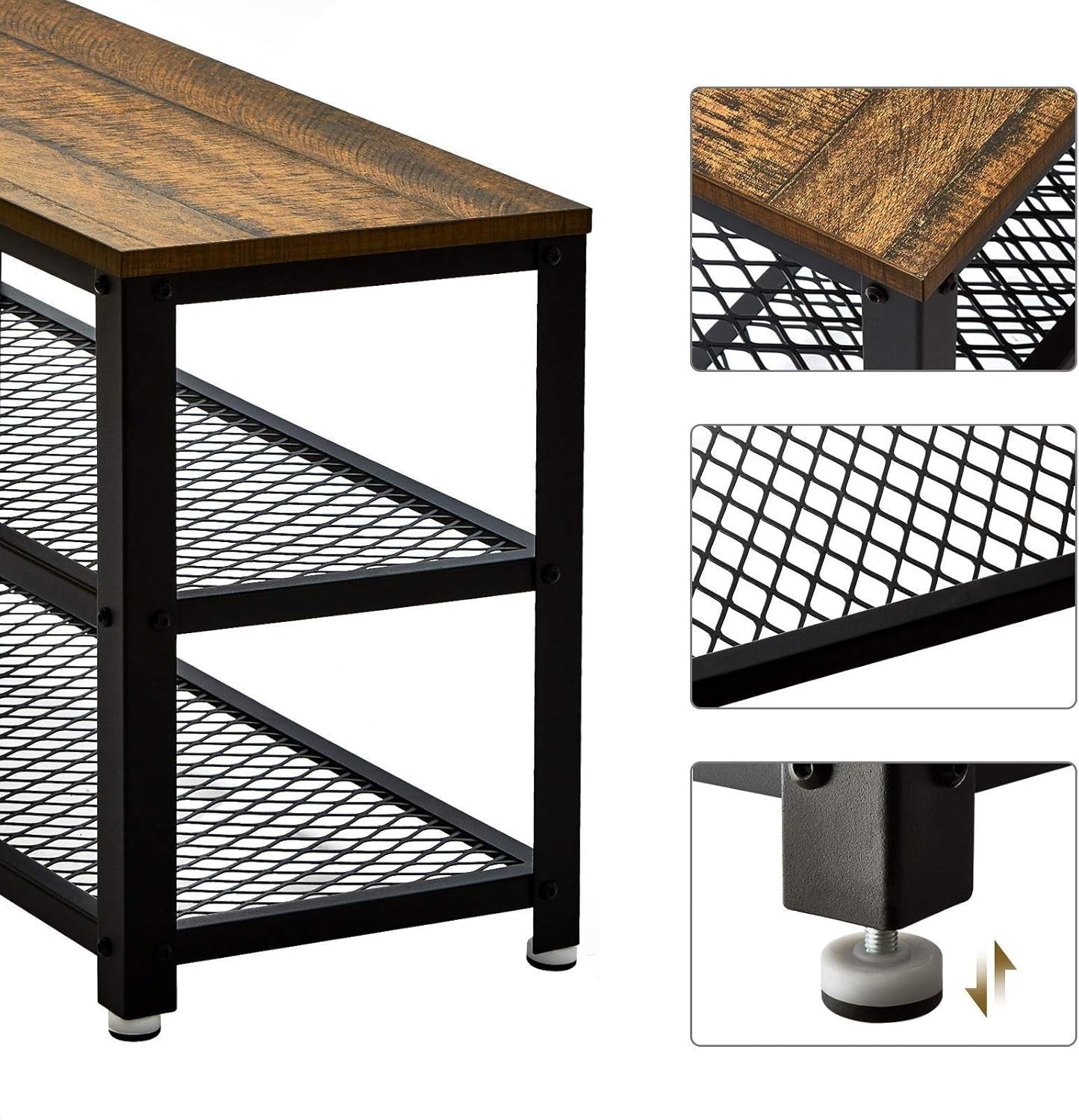 Rustic Brown Shoe Storage Bench with 2 Shelves – Industrial Metal Hallway Unit