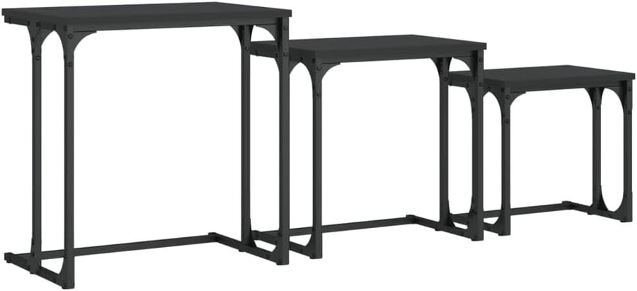 3x Nesting Coffee Table Set Black Engineered Wood Metal Frame Side Tables
