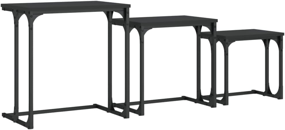 3x Nesting Coffee Table Set Black Engineered Wood Metal Frame Side Tables