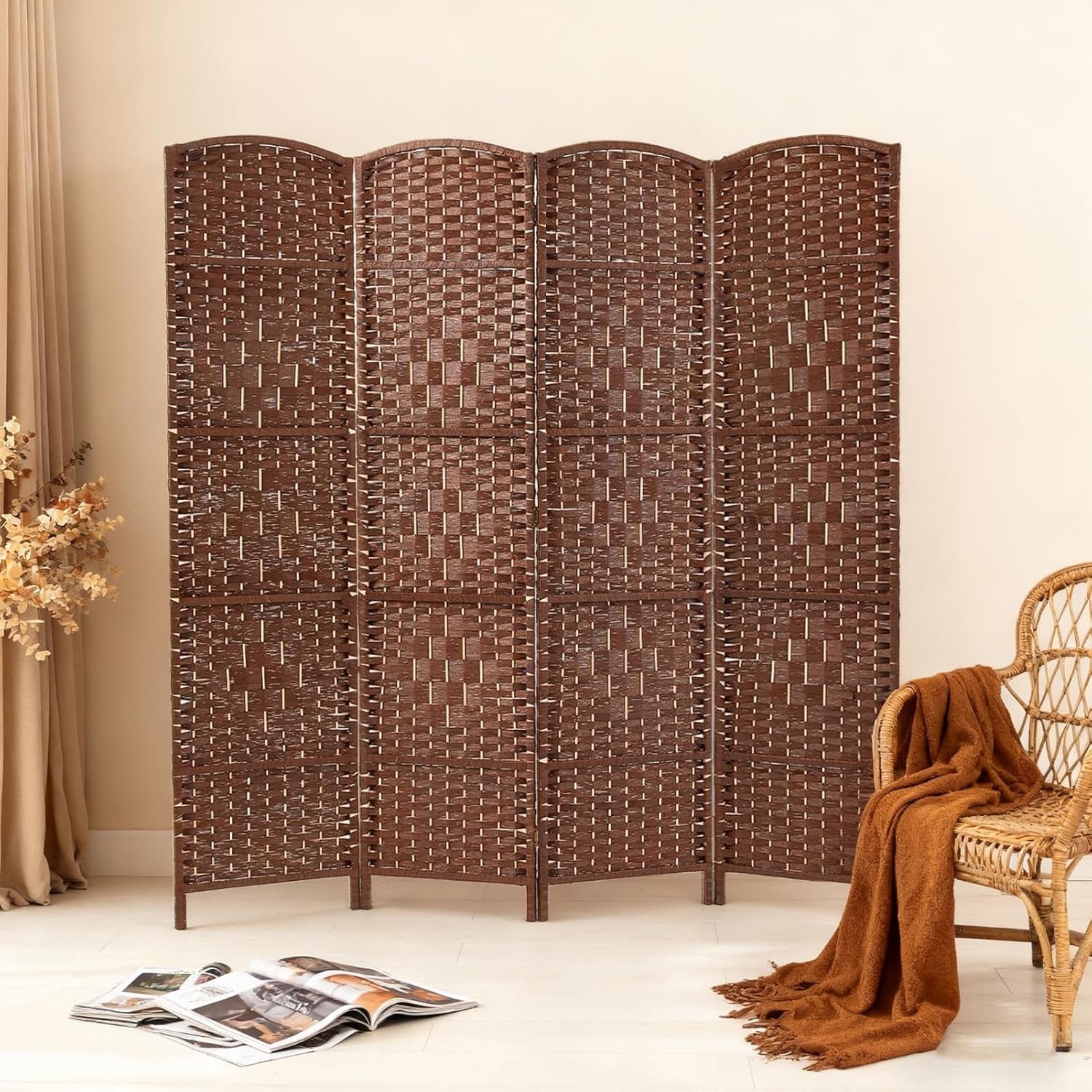 Brown 4 Panel Wicker Folding Room Divider Handwoven Privacy Screen 170cm