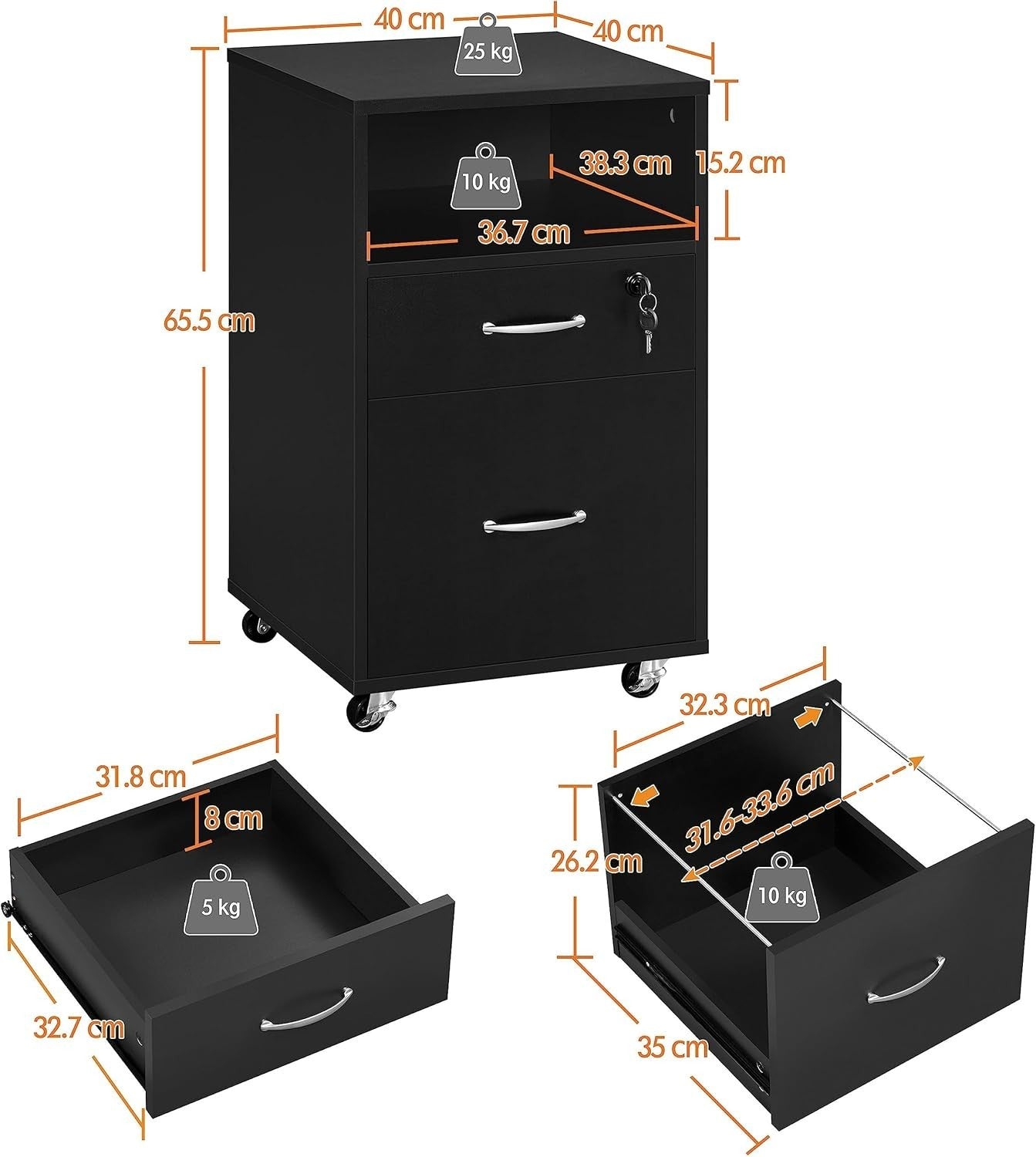 2pc Mobile Filing Cabinet Set 2 Drawer A4 Letter Printer Stand