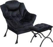 Plush Velvet Armchair with Footstool Living Room Bedroom Lounge Chair Black