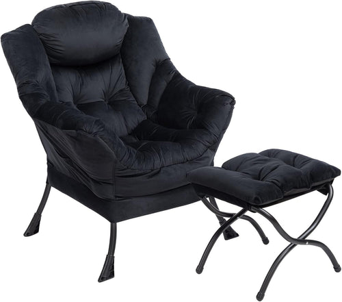 Plush Velvet Armchair with Footstool Living Room Bedroom Lounge Chair Black