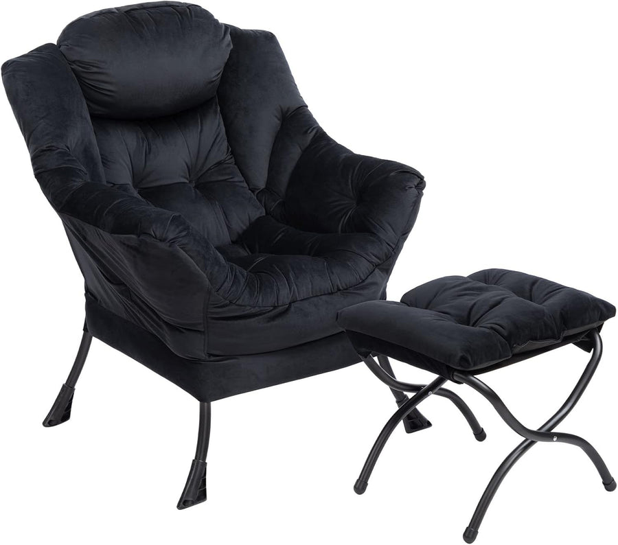 Plush Velvet Armchair with Footstool Living Room Bedroom Lounge Chair Black