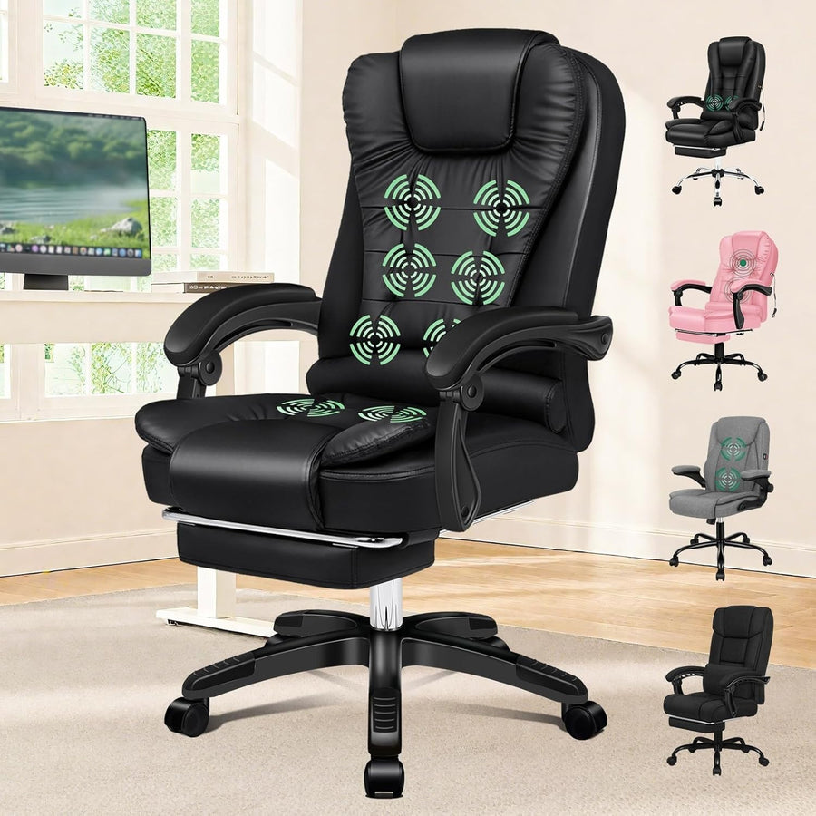 Black Massage Office Chair Heated 8-Point Recliner Footrest Ergonomic PU