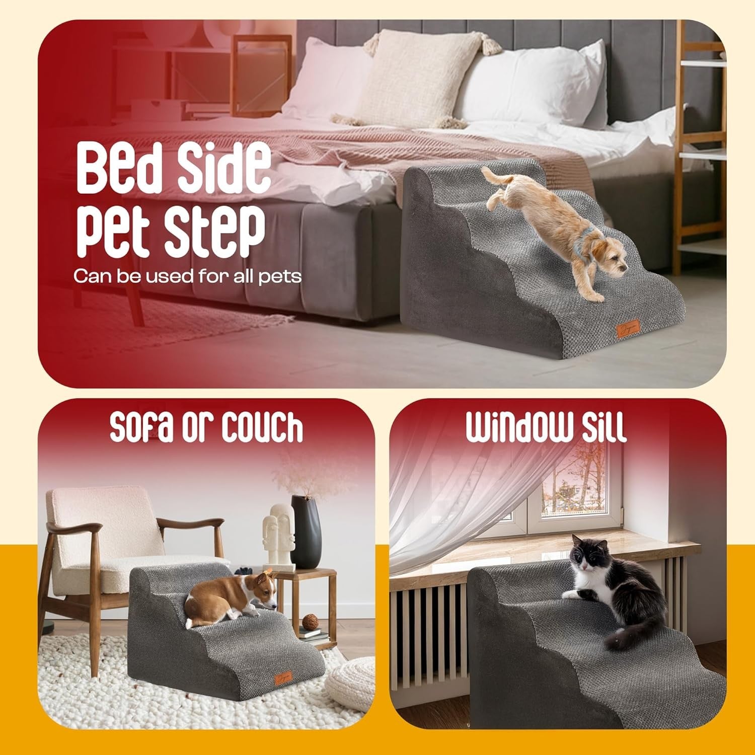 Grey 4 Step Dog Stairs 30D Foam Pet Steps Non Slip 75x50x40cm