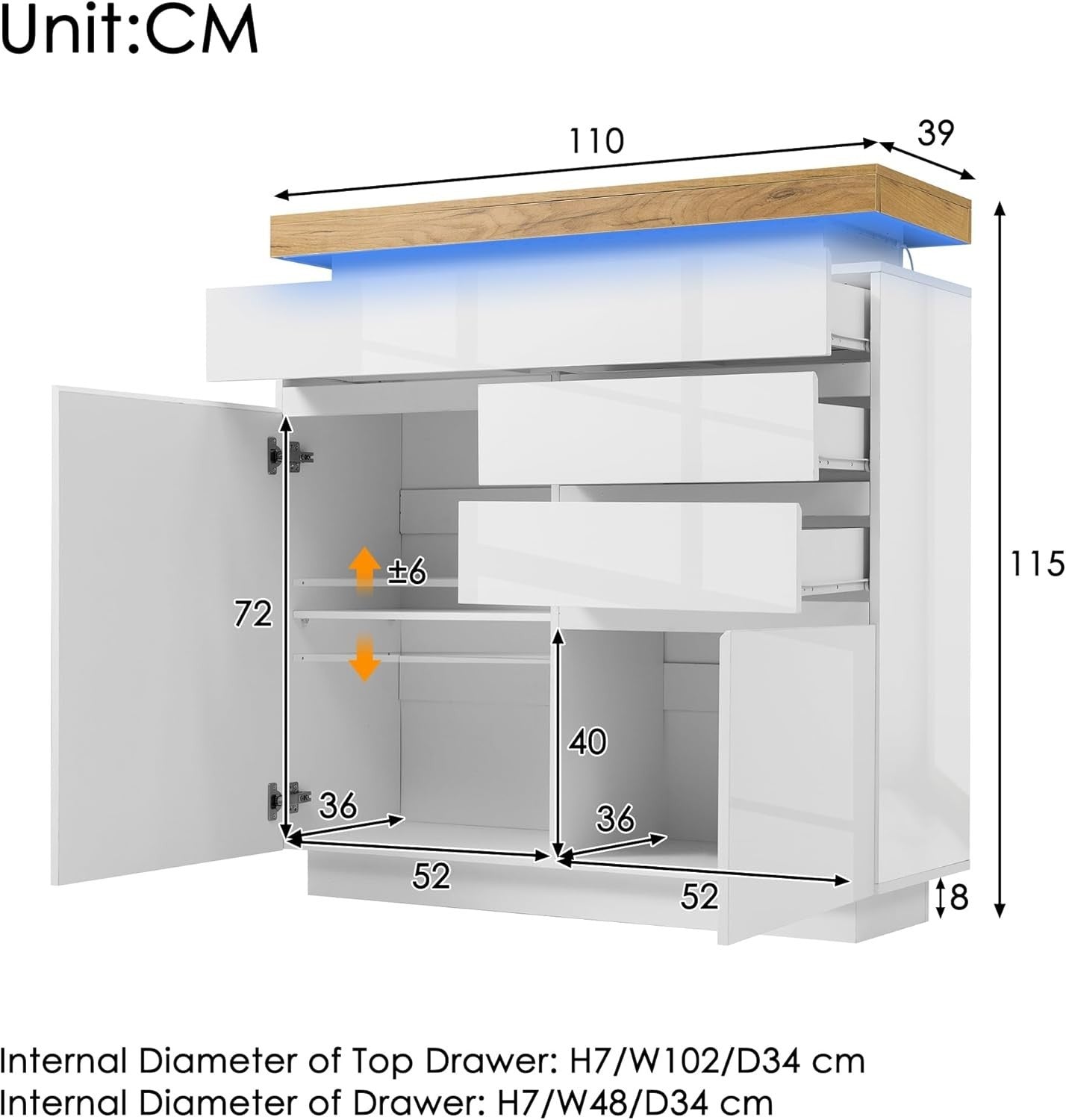 Modern LED Sideboard Cabinet Gloss 3 Drawer 2 Door Storage Unit White