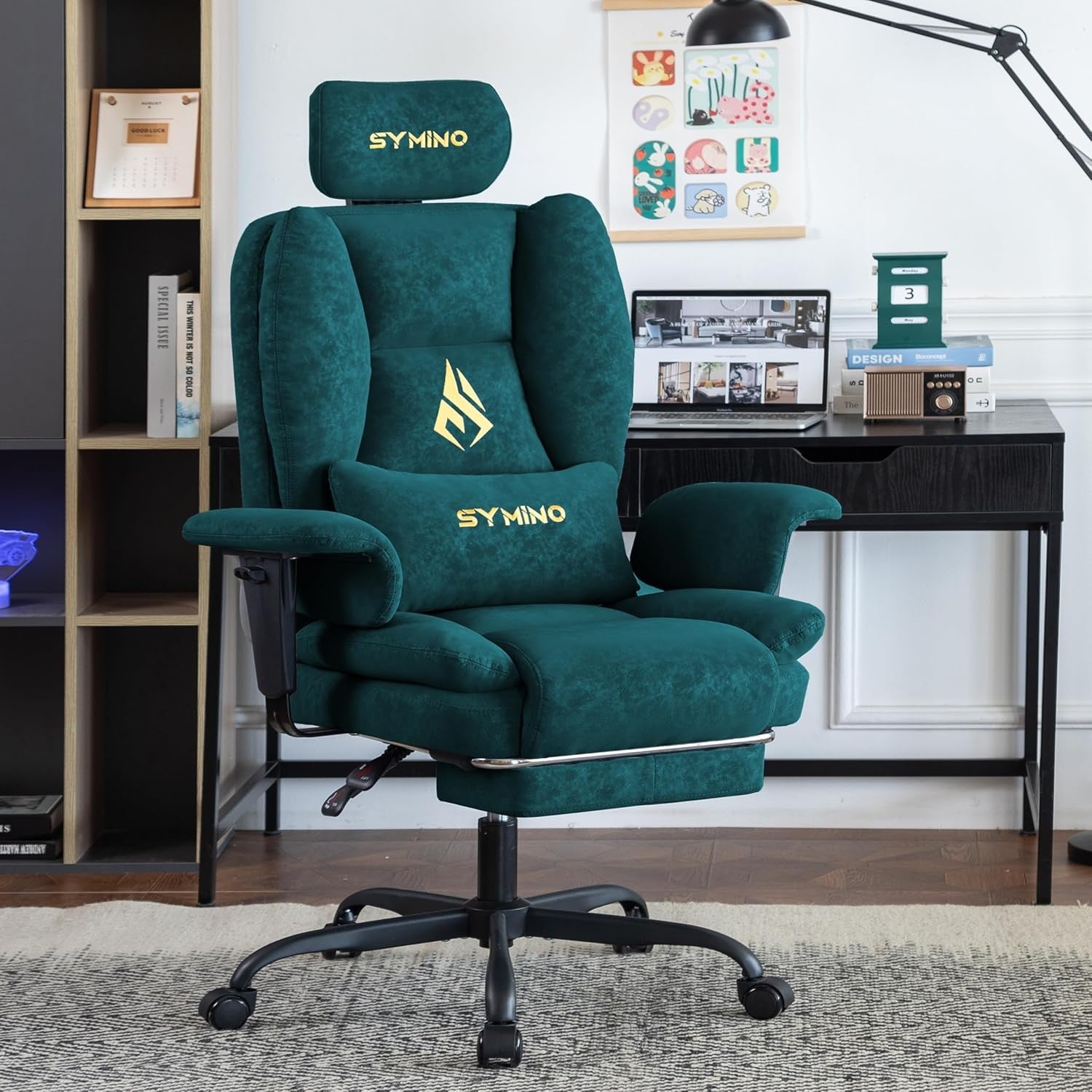 Gaming Chair with Footrest Ergonomic PU Leather Recliner Green