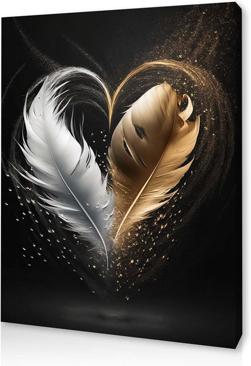 Gold Black Feather Canvas Wall Art Framed Modern Luxury Bedroom Decor