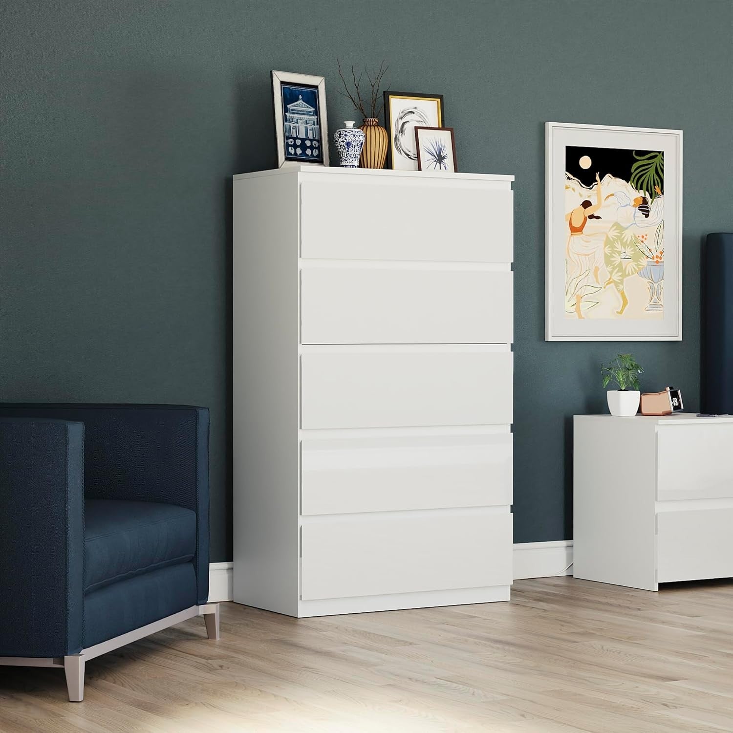 White Gloss 5 Drawer Chest Tall Bedroom Storage Cabinet 112cm Modern