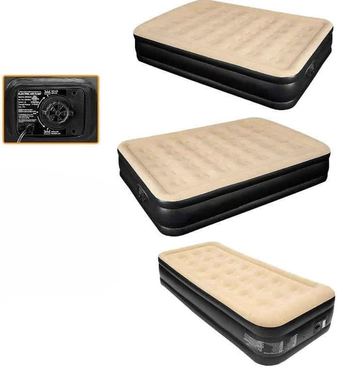 Double Inflatable Beig Air Bed Built-In Electric Pump High Raised Guest Mattress