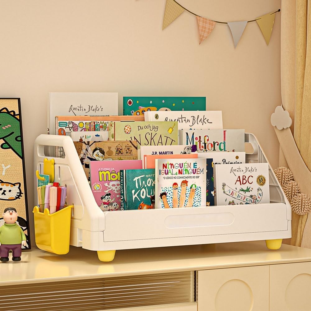 Kids 3-Tier Toddler Bookshelf, Space-Saving Plastic Book Organizer, White