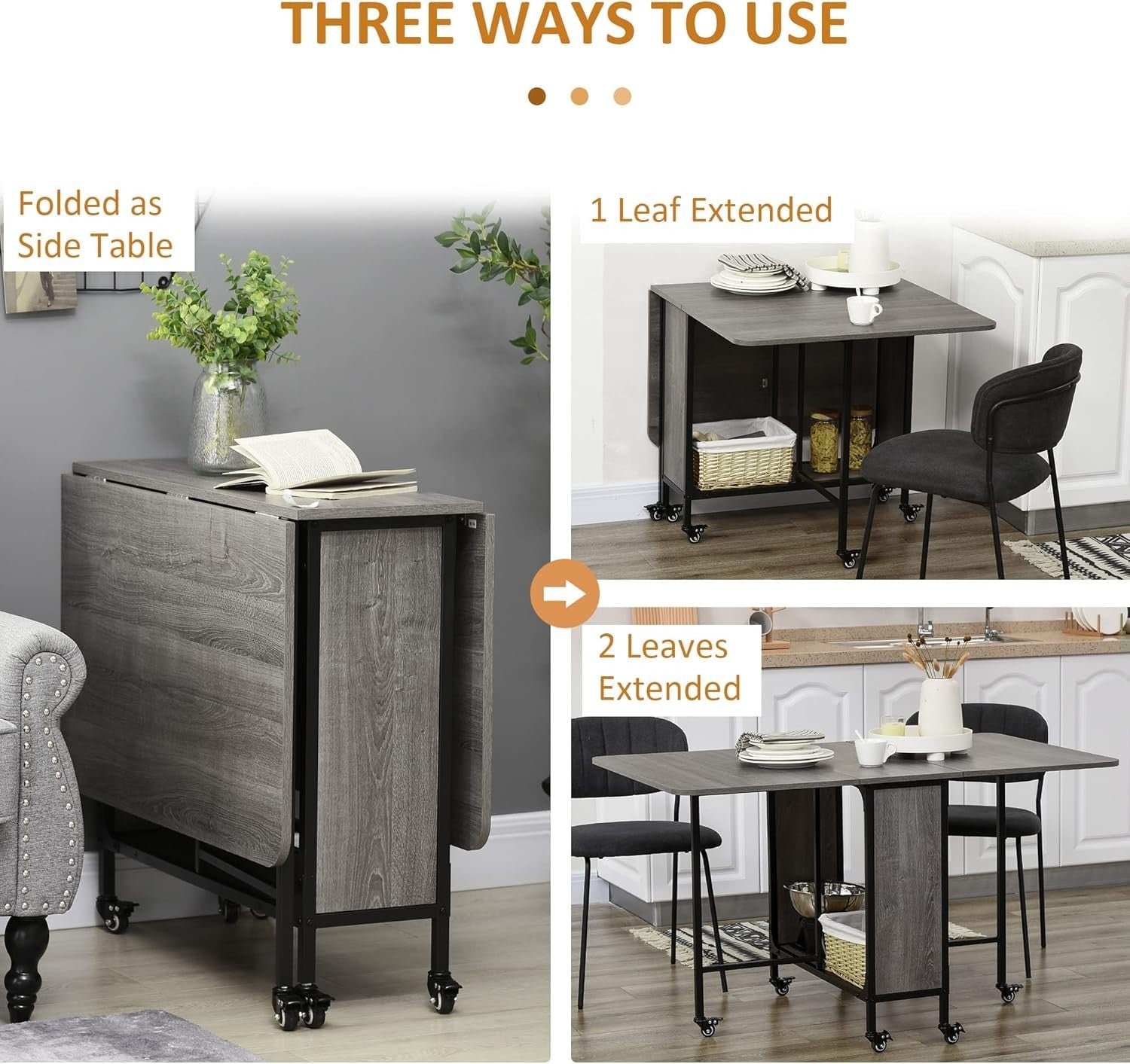 Foldable Drop Leaf Dining Table on Wheels Grey Space-Saving Kitchen Desk