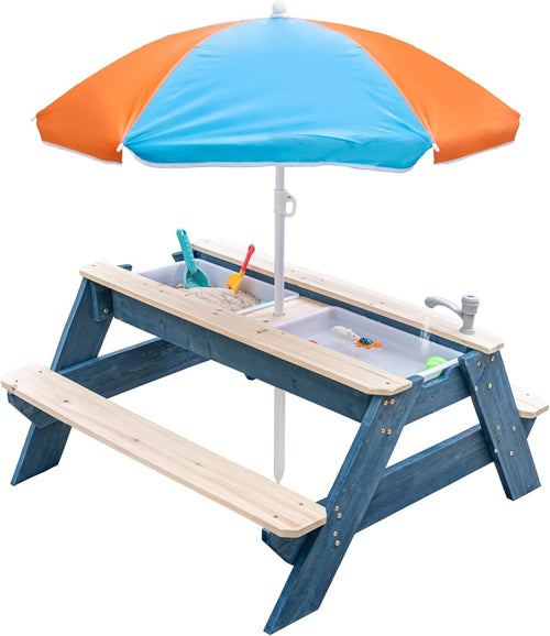 Kids 3in1 Sand & Water Activity Table Wooden Picnic Bench Blue Orange
