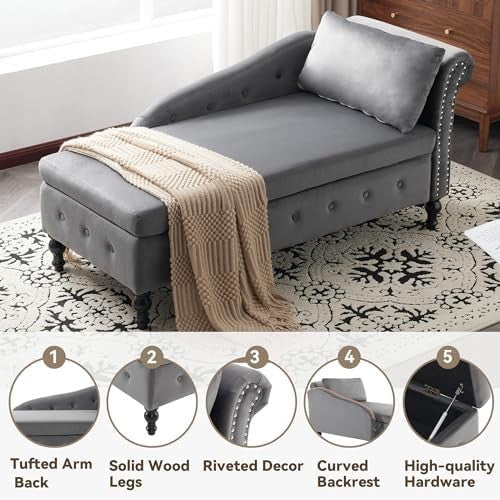 Velvet Chaise Lounge Sofa with Storage, Button Tufted, Grey, Right Armrest
