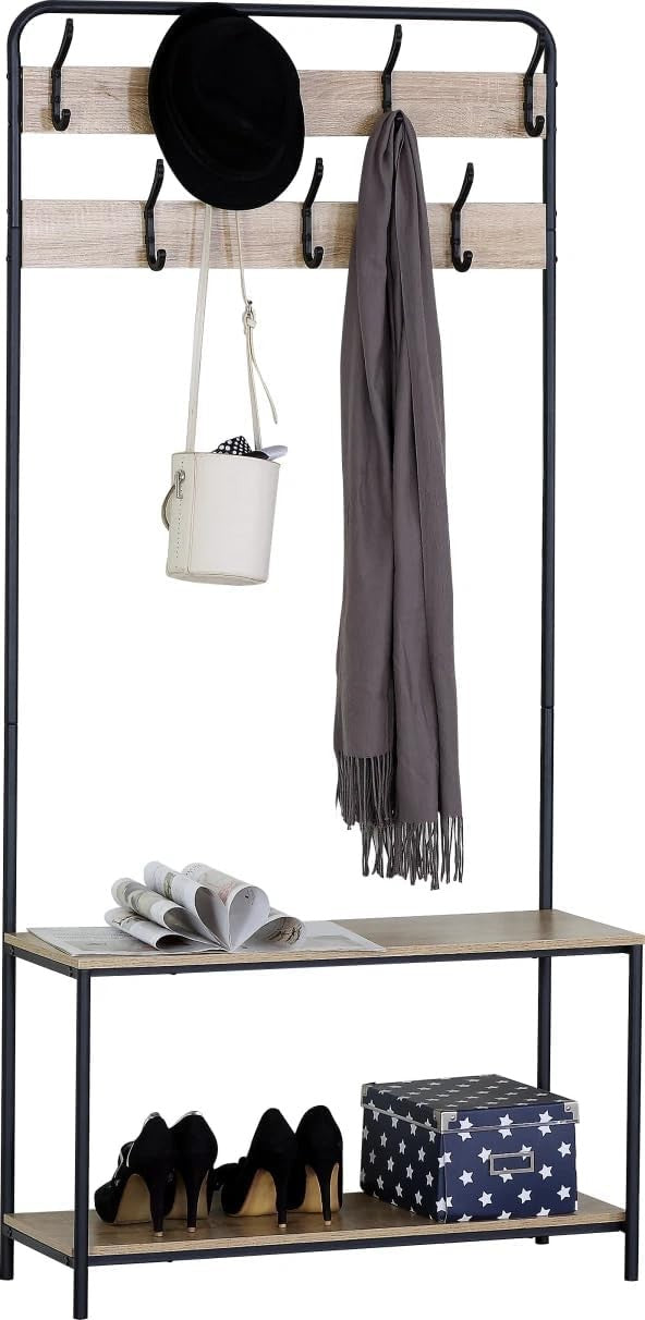 Coat Rack with Shoe Bench & 7 Hooks | Metal Hall Tree Stand for Entryway