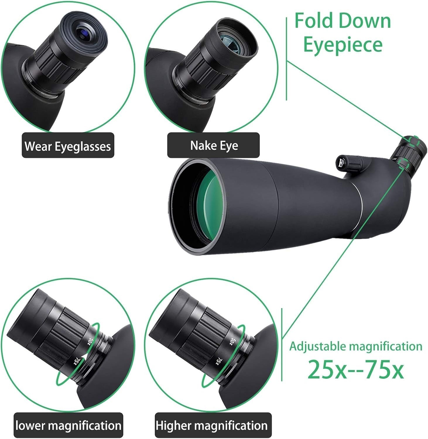 SV28 25-75x70 Black Spotting Scope HD BAK4 Prism Tripod