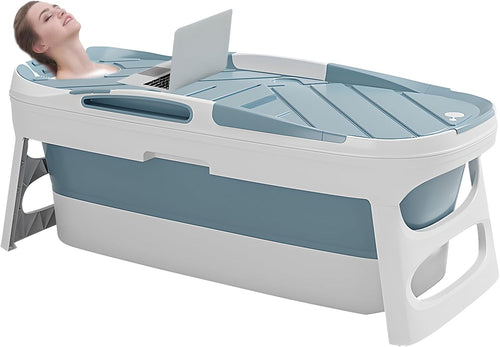 Blue Foldable Portable Adult Bathtub 113x63x54cm with Lid Folding Soaking Tub