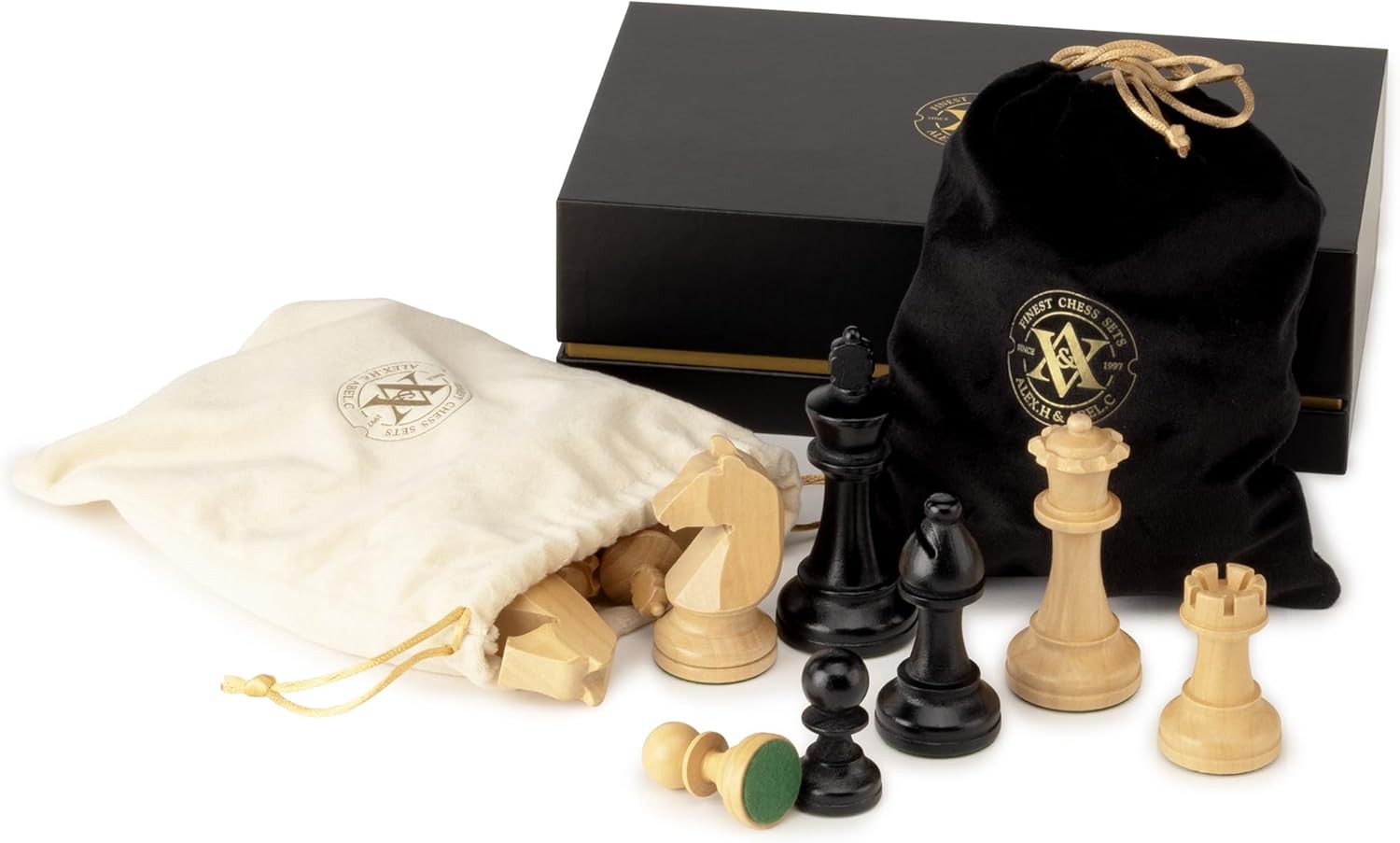 Triple Weighted Wooden Chess Pieces Set 3.75" King w/ Bags & Extra Queens