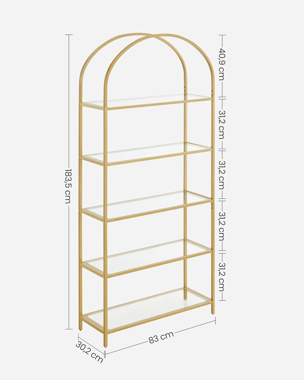 5-Tier Gold Arched Glass Shelf Unit Modern Tall Display Storage Rack