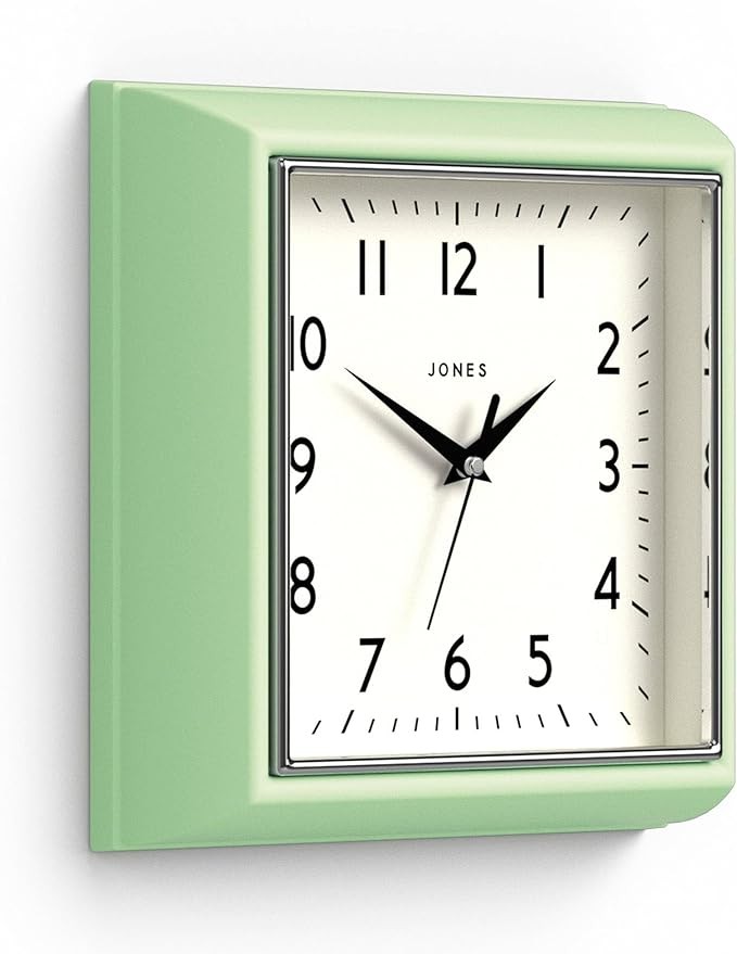 Green Retro Square Wall Clock 25cm Silent Quartz Easy Read Modern Kitchen Office
